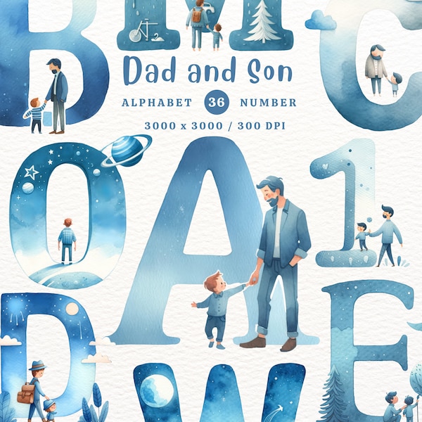 Dad and Son Alphabet, Dad clipart, Son PNG, Father’s Day, Alphabet Clipart PNG, Doodle alphabet, Watercolor Clipart, Transparent PNG