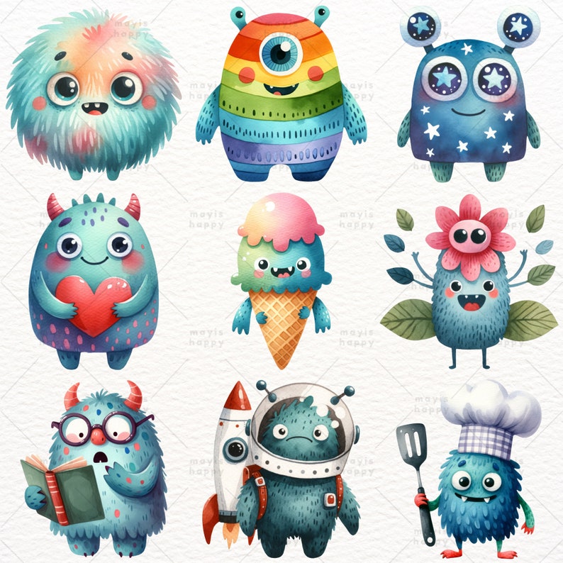 May include: A set of nine watercolor illustrations of cute blue monsters with different expressions and accessories. The monsters are wearing a chef's hat, astronaut helmet, glasses, a flower, and holding a heart, a book, and an ice cream cone.