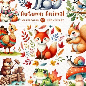 Imágenes prediseñadas de animales de otoño, PNG de otoño, imágenes prediseñadas de animales, lindo tema de otoño, regalo DIY, imágenes prediseñadas de acuarela, imágenes prediseñadas para niños, imágenes prediseñadas lindas