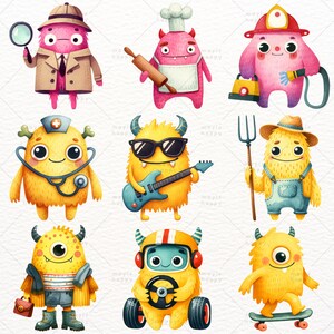 May include: Nine colorful cartoon monsters with different professions. A pink monster is a detective, a pink monster is a chef, a pink monster is a firefighter, a yellow monster is a doctor, a yellow monster is a musician, a yellow monster is a farmer, a yellow monster is a fashionista, a yellow monster is a race car driver, and a yellow monster is a skateboarder.