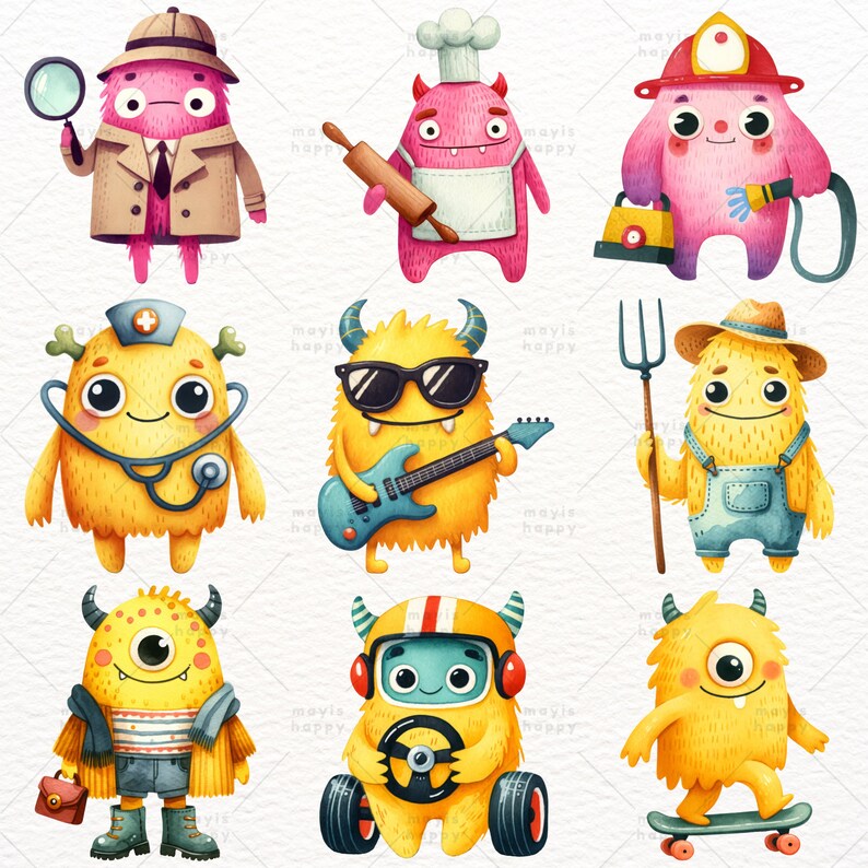 May include: Nine colorful cartoon monsters with different professions. A pink monster is a detective, a pink monster is a chef, a pink monster is a firefighter, a yellow monster is a doctor, a yellow monster is a musician, a yellow monster is a farmer, a yellow monster is a fashionista, a yellow monster is a race car driver, and a yellow monster is a skateboarder.