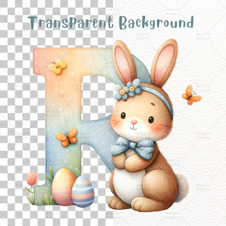 Easter Bunny Alphabet Clipart: Watercolor Doodle PNG (digital Download ...