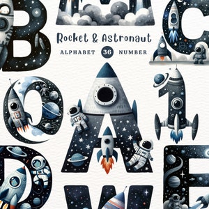 Alfabeto razzo, clipart astronauta, PNG spazio, alfabeto spaziale, clipart alfabeto PNG, alfabeto scarabocchio, clipart acquerello, PNG trasparente