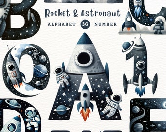 Watercolor Rocket Alphabet Clipart: Space PNG (Digital Download)