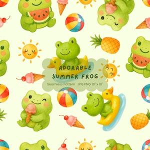 May include: Seamless pattern featuring green frogs, ice cream cones, beach balls, pineapples, and smiling suns. The text "ADORABLE SUMMER FROG" is displayed. The pattern is on a light green background.