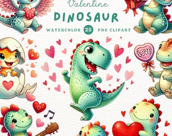Alla hjärtans dag dinosaurie akvarell clipart: 25 PNG-bilder (digital nedladdning)