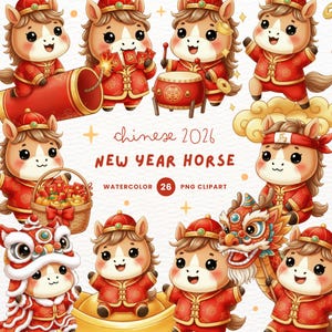Op de afbeelding: Watercolor clipart set met cartoonpaarden in rode traditionele Chinese Nieuwjaarsoutfits. De afbeelding bevat een trommel, vuurwerk, een draak en de tekst "Chinese 2026 New Year Horse Watercolor 26 PNG Clipart."