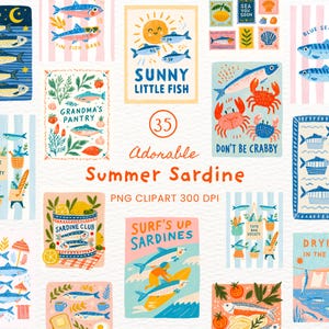 以下が含まれることがあります： カラフルなイワシをテーマにしたクリップアートイラストのコレクション。デザインには、イワシ、カニ、太陽のシーンが含まれており、「Sunny Little Fish」や「Surf's Up Sardines」などのテキストがあります。全体的なテーマは夏と海です。