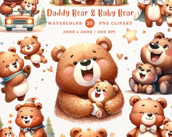 Clipart de acuarela de Papá Oso y Bebé Oso (Descarga digital PNG)