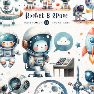 Foguete e Espaço, Espaço, Astronauta, Foguete Clipart, Galáxia, Presente para Crianças, Clipart de Aquarela, Clipart PNG, Clipart Transparente
