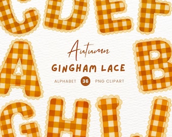 Autumn Gingham Lace Alphabet Clipart: Festive Watercolor Letter PNG