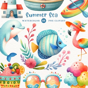 Mar de verano, elementos de verano, PNG de verano, hola verano, clipart de verano, regalo para niñas, clipart de acuarela, clipart PNG, clipart transparente