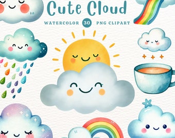 Cute Cloud, Cloud PNG, Cloud Clipart, Cloud Watercolor, Gift for kids, Watercolor Clipart, Clipart PNG, Transparent Clipart