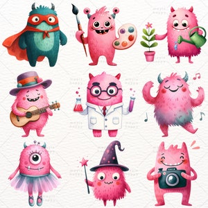 May include: A set of nine watercolor illustrations of pink monsters with different personalities and activities. The monsters are wearing costumes and holding props, such as a paintbrush, a guitar, a watering can, and a camera.