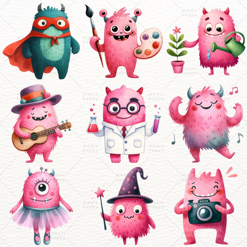 May include: A set of nine watercolor illustrations of pink monsters with different personalities and activities. The monsters are wearing costumes and holding props, such as a paintbrush, a guitar, a watering can, and a camera.