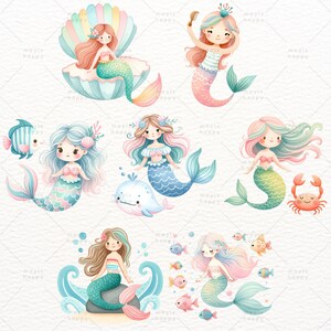 Cute Mermaid, Pastel Mermaid, Whimsical Mermaid, Mermaid PNG, Under the Sea, Watercolor Clipart, Clipart PNG, Transparent Clipart image 4