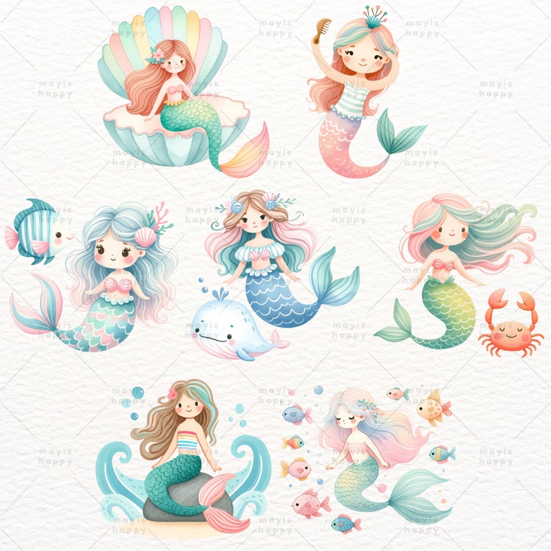 Cute Mermaid, Pastel Mermaid, Whimsical Mermaid, Mermaid PNG, Under the Sea, Watercolor Clipart, Clipart PNG, Transparent Clipart image 4