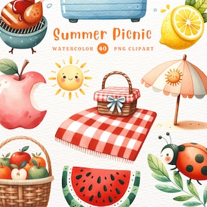 Picnic estivo, Elementi estivi, PNG estivo, Picnic, Clipart estivo, Regalo per ragazze, Clipart acquerello, Clipart PNG, Clipart trasparente