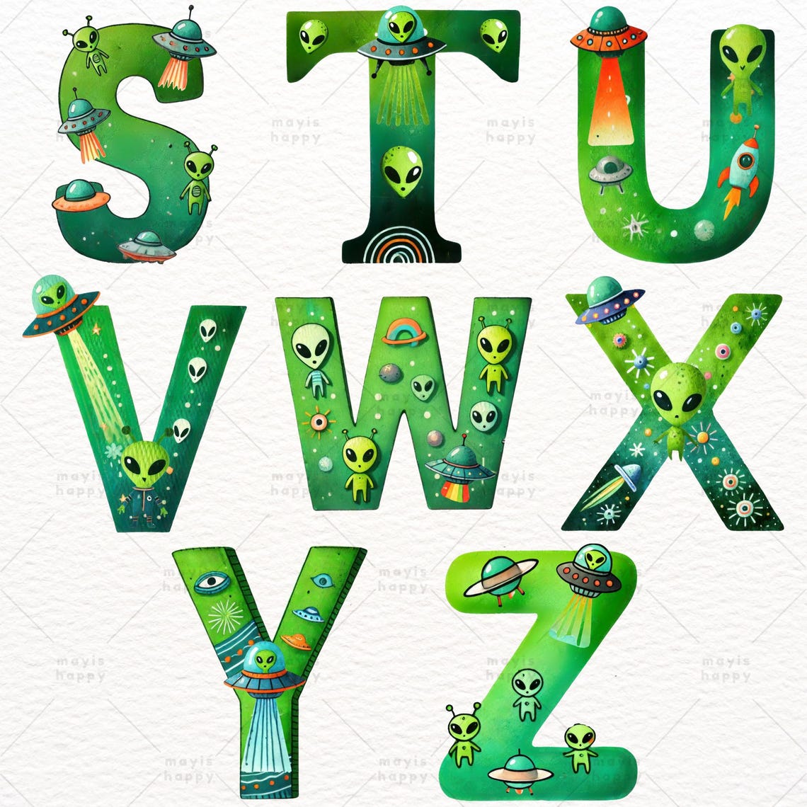 Alien Alphabet Clipart: Watercolor Doodle Font (PNG Digital Download ...