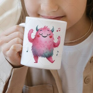 May include: White ceramic mug with a pink monster illustration. The monster has closed eyes and is dancing with musical notes around it.