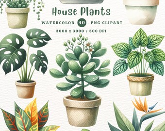 Watercolor House Plants Clipart: 40 PNG Bundle (Digital Download)