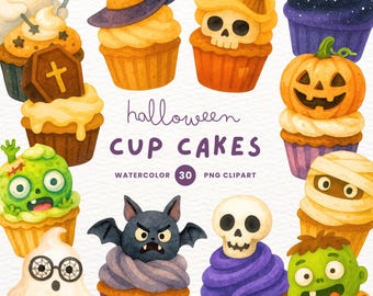 Halloween Cupcake Clipart: Watercolor PNG Set