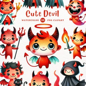 Lindo diablo clipart, diablo PNG, diablo espeluznante, clipart de Halloween, regalo de bricolaje, clipart de acuarela, clipart para niños, lindo clipart