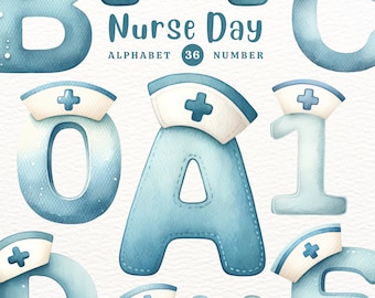 May include: Blue watercolor alphabet letters with a nurse hat on top. The letters spell out "B O A D W E" and the number "1". The text "Nurse Day" is written in black above the letters. The text "Alphabet 36 Number" is written in black below the letters.
