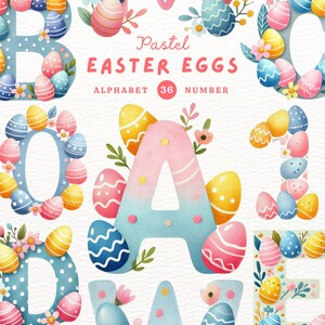 Alfabeto de huevos de Pascua, clipart de huevos de Pascua, huevo PNG, clipart de alfabeto PNG, alfabeto de garabatos, clipart de acuarela, PNG transparente