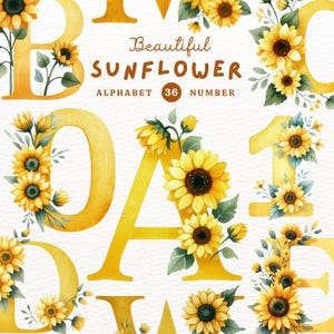 Alfabeto de girasol, alfabeto de flores, letra de flor, hermosa flor, clipart del alfabeto, alfabeto garabato, clipart de acuarela, regalo para niños