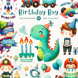 Birthday Boy Watercolor Clipart: 25 PNG Graphics (Digital Download)
