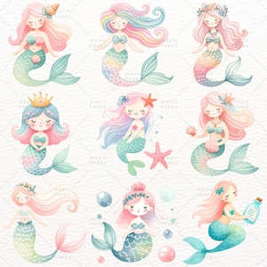 Cute Mermaid, Pastel Mermaid, Whimsical Mermaid, Mermaid PNG, Under the Sea, Watercolor Clipart, Clipart PNG, Transparent Clipart image 2
