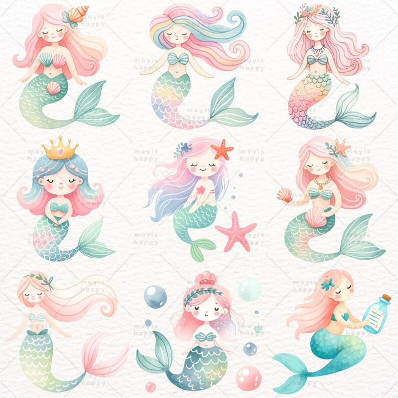 Cute Mermaid, Pastel Mermaid, Whimsical Mermaid, Mermaid PNG, Under the Sea, Watercolor Clipart, Clipart PNG, Transparent Clipart image 2
