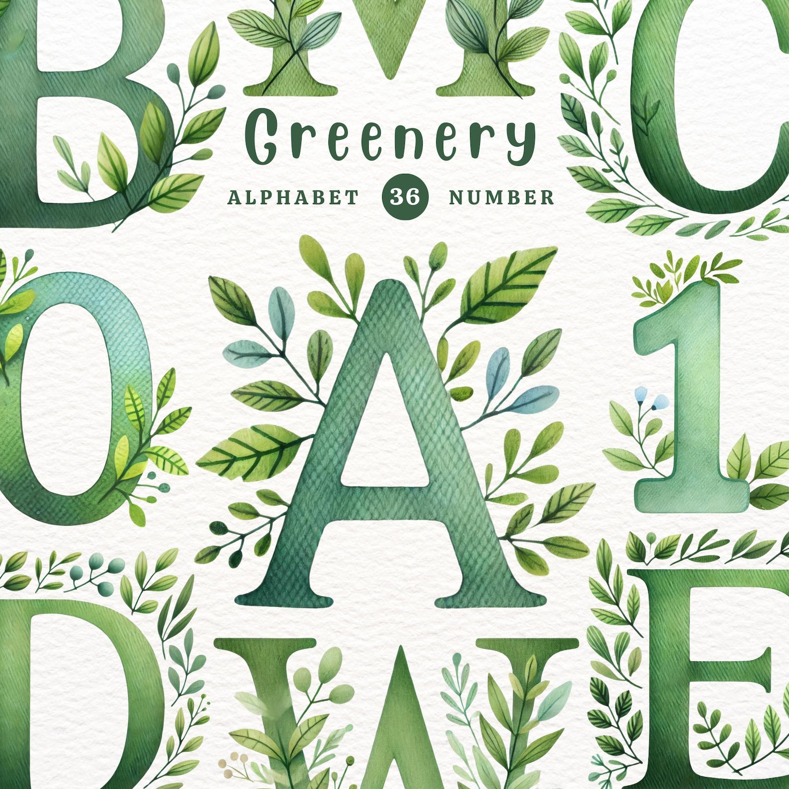 Greenery Alphabet Clipart: Watercolor Leaves PNG (digital Download) - Etsy