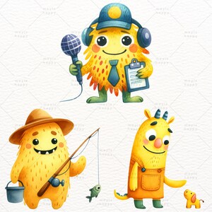 May include: Three cartoon monsters with yellow fur and different accessories. The first monster is wearing a blue hat and holding a microphone and a clipboard. The second monster is wearing a brown hat and holding a fishing rod and a bucket. The third monster is wearing overalls and holding a small yellow dog.