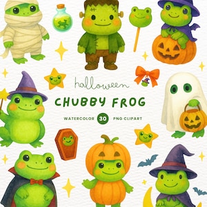Halloween chubby frog clipart, Halloween frog clipart, Cute frog png, Gift for Friend, Watercolor Clipart, Clipart PNG, Transparent Clipart