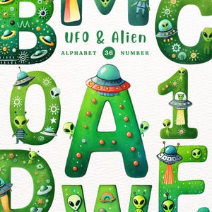 Alien alfabet, ufo, planeetthema, kosmische ruimte, doe-het-zelfcadeau, alfabet clipart png, doodle alfabet, aquarel clipart, transparante png
