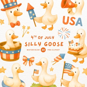 Watercolor 4th of July Silly Goose Clipart (20 PNG)