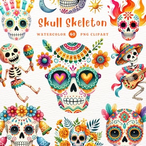 Schädel Skelett Clipart, Schädel PNG, Skelett PNG, Tag der Toten, Halloween, DIY Geschenk, Aquarell Clipart, Clipart für Freunde, Niedliche Clipart
