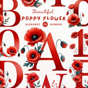Alfabeto de flores de amapola, alfabeto de flores, letra de flor, flor hermosa, clipart del alfabeto, clipart de acuarela, regalo para niñas