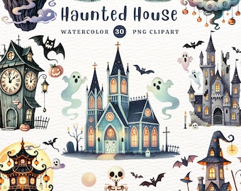 Op de afbeelding: Een set van 30 aquarel illustraties van spookhuizen, geesten, pompoenen, vleermuizen en andere Halloween-thema elementen. De illustraties zijn in een grillige stijl en zijn perfect voor het maken van griezelige en feestelijke knutselwerk.