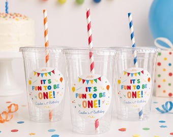 Custom Party Cups, Its Fun To Be One Themed Plastic Cups, Set of 12