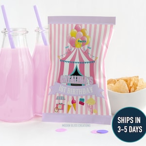 Personalized Pastel Carnival Themed Chip Bags | Party Favors |  Pink Carnival Theme First Birthday Party