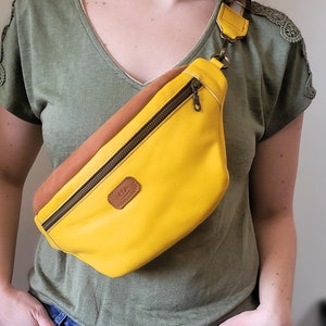 Large customizable yellow and brown cowhide leather fanny pack with adjustable strap, gift idea