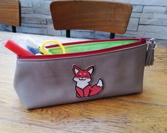 Trousse a crayons d'école renard en véritable cuir taupe adorable cadeau