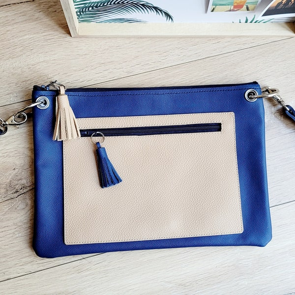 Sac à main pochette pour femme en cuir véritable bleu et beige bandoulière cuir, cadeau fête des mères