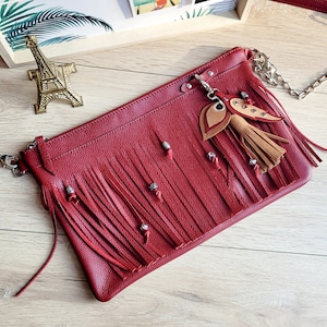 Boho-Schulterhandtasche mit Fransen aus echtem burgunderrotem Leder, Muttertagsgeschenk
