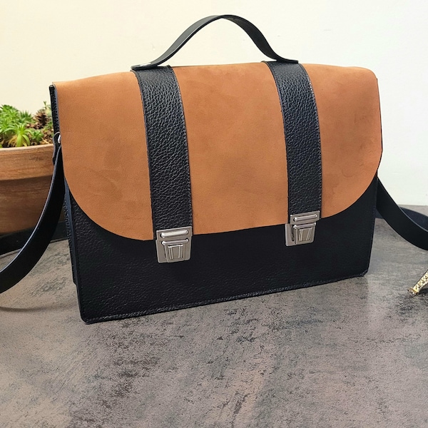 Sac à main cartable pour femme en véritable cuir noir et marron avec poignée et bandoulière, cadeau de Noël personnalisable