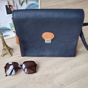 Sac cartable en véritable cuir bleu marine pour femme avec bandoulière réglable, cadeau fête des mères