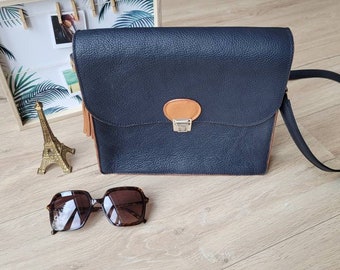 Satchel bag in genuine navy blue leather for women with adjustable shoulder strap, Mother's Day gift